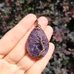 3 year anniversary gift for wife, amethyst tree of life wire wrap pendant necklace, 3rd wedding anniversary gift for her