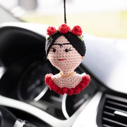 frida kahlo doll car accessory gift idea for women, crochet rear view mirror charm, art pendant, cute toy car hanging