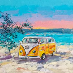 volkswagen painting retro car original art seascape impasto painting beach wall art