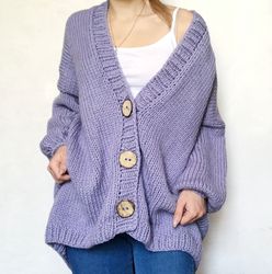 chunky knit purple cardigan oversized veri peri bomber with buttons hand knit coat is trendy clothes wool knit sweater