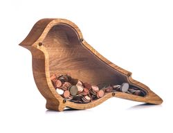 wooden piggy bank bird - personalise money box - montessori wood eco gift for boy girl - unique tip jar - christmas gift