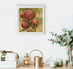 peonies original oil painting flowers handmade wall art bouquet peonies on cardboard 6x6 inches modern art gift for you