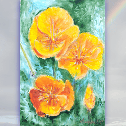 california poppy painting original watercolor art orange flower artwork floral painting 5 by 7