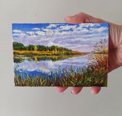 lake painting mini oil painting landscape original art lake artwork tiny canvas miniature paintings small wall art 4x6 i