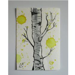 birch trees aceo original painting  card tree watercolor art collectible