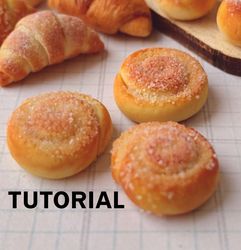 miniature buns with sugar. tutorial polymer clay. mini food. miniature bakery clay. video pdf pattern. mini foods