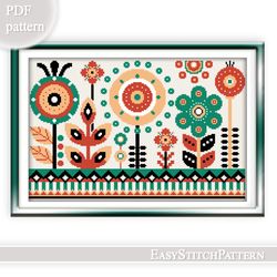 traditional folk cross stitch pattern. flowers cross stitch pattern. boho cross stitch pattern.