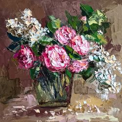 roses painting lilac original art impasto oil painting flowers artwork