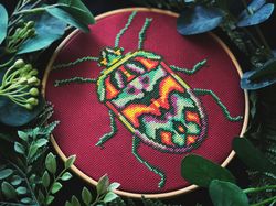 green neon bug cross stitch pattern pdf abstract insect embroidery design colorful geometric beetle diy instant download