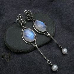 earrings with moonstone and pearls, handmade, wire wrap.