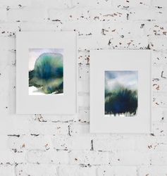 set of 2 original watercolor painting | minimal landscape | minimal art | green landscape