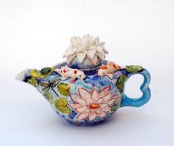 blue art teapot koi fish decor beautiful handmade porcelain teapot water lily, frog figurine ,fish pond, dragonflies