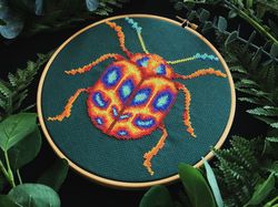 neon orange beetle cross stitch pattern pdf colorful abstract bug embroidery chart insects cross stitch instant download