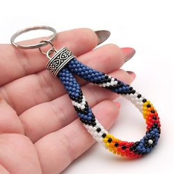 native style blue beaded keychain, beadwork key fob