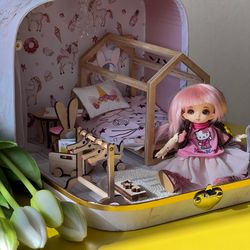 dollhouse in suitcase personalized gift for girl, doll house furniture, gift box, bjd doll miniature, kids room decor