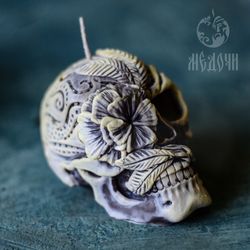 the skull with flower , silicone mold for candles, resin , gypsum