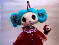 gothic clown doll, creepy art doll, button eyes doll, goth cloth doll, weird art doll, handmade doll, killer toy