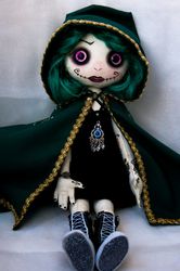 horror gothic witch doll, ooak doll, goth rag doll, halloween decorations, handmade creepy doll