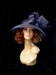 navy blue derby hat, wide brim sinamay hat, royal ascot hat, polka dot hat