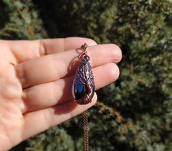 7th anniversary gift for him, hematite wire wrapped tree of life talisman pendant, copper anniversary gift for husband