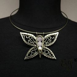 handmade wire wrap butterfly necklace, art nouveau, with rose quartz and pearl