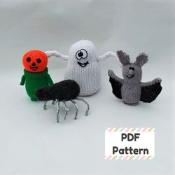 halloween knitting pattern, set of 4 halloween knit patterns, bat knitting pattern, pumpkin knitting pattern