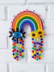 macrame rainbow wall hanging, colorful boho home decor, evil eye decor, hippie sunflower, mushroom charm, funny gift