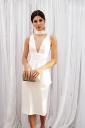 wedding dress, short satin dress, minimalist simple bridal gown, v-neck reception pencil