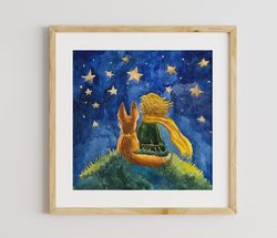 the little prince original watercolor painting,art for kids,little prince and fox artwork,handpainted wall decor