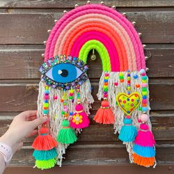 indie room decor, neon macrame rainbow, above bed decor, dorm room decoration, birthday gift for best friend