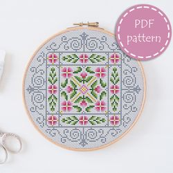 lp0028 folk cross stitch pattern for begginer - easy xstitch pattern in pdf format - instant download - floral pattern