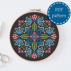 lp0034 folk cross stitch pattern for begginer - easy xstitch pattern in pdf format - instant download - floral pattern