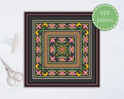 lp0035 folk cross stitch pattern for begginer - easy xstitch pattern in pdf format - instant download - floral pattern