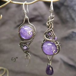 asymmetric handmade earrings with amethysts, wire wrapped