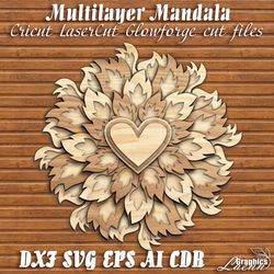 laser cut vector model multilayer burning heart mandala, cnc plan, glowforge, cricut,any thickness, dxf cdr ai eps svg