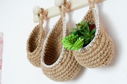 jute wall basket for small things, hanging flower pots, crocheted boho basket, vegan basket