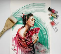 japanese art watercolor painting, geisha art, original art for sale, asian woman painting, best wall art for living room