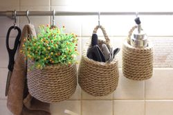 set of wall baskets, crocheted. hanging wicker containers. wall storage. jute baskets. farm house wall decor