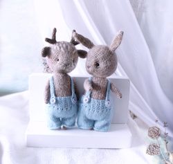 set of soft deer and banny in pants, woodland stuffed animals dolls with clothes, nursery decorative toy, cute gift