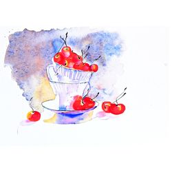 cherry painting watercolor original art still life wall art cherry small painting