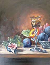 fig painting wine original art fruit still life painting red wine glass art vegan wall art fig art fruit painting