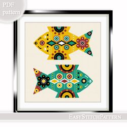 abstract cross stitch pattern. fish cross stitch pattern. folk cross stitch pattern.