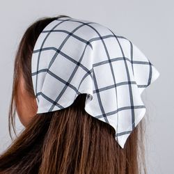 triangle geometric bandana headband. handmade white checkered cottagecore hair kerchief. lightweight gingham head scarf.