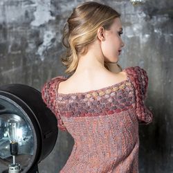 knitted trimmed orange-grey pullover. handknit boho embroidery woman sweater. handmade.