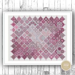 cross stitch sampler dusty rose geometric arabic squares ethnic folk art design pdf pattern 73