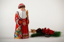 collectible russian santa claus, hand carved santa, wooden santa figure, 8 inch tall