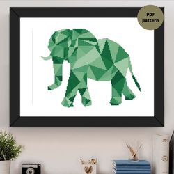 green geometric elephant cross stitch pdf pattern, animal embroidery design, instant download, diy and craft