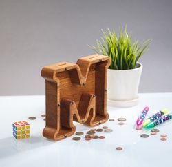 personalized piggy bank letter christmas gift for kid wooden coin bank first birthday gift for boys girls montessori toy