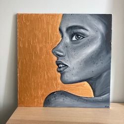 original portrait painting, woman oil portrait, minimalist art, gold painting, girl portrait