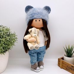 tilda doll with cute teddy bear handcrafted decorative doll